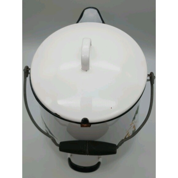 Vtg White Enamelware Cowboy Coffee Pot Chuck wagon XL Hand Painted Sunflowers - Picture 5 of 11